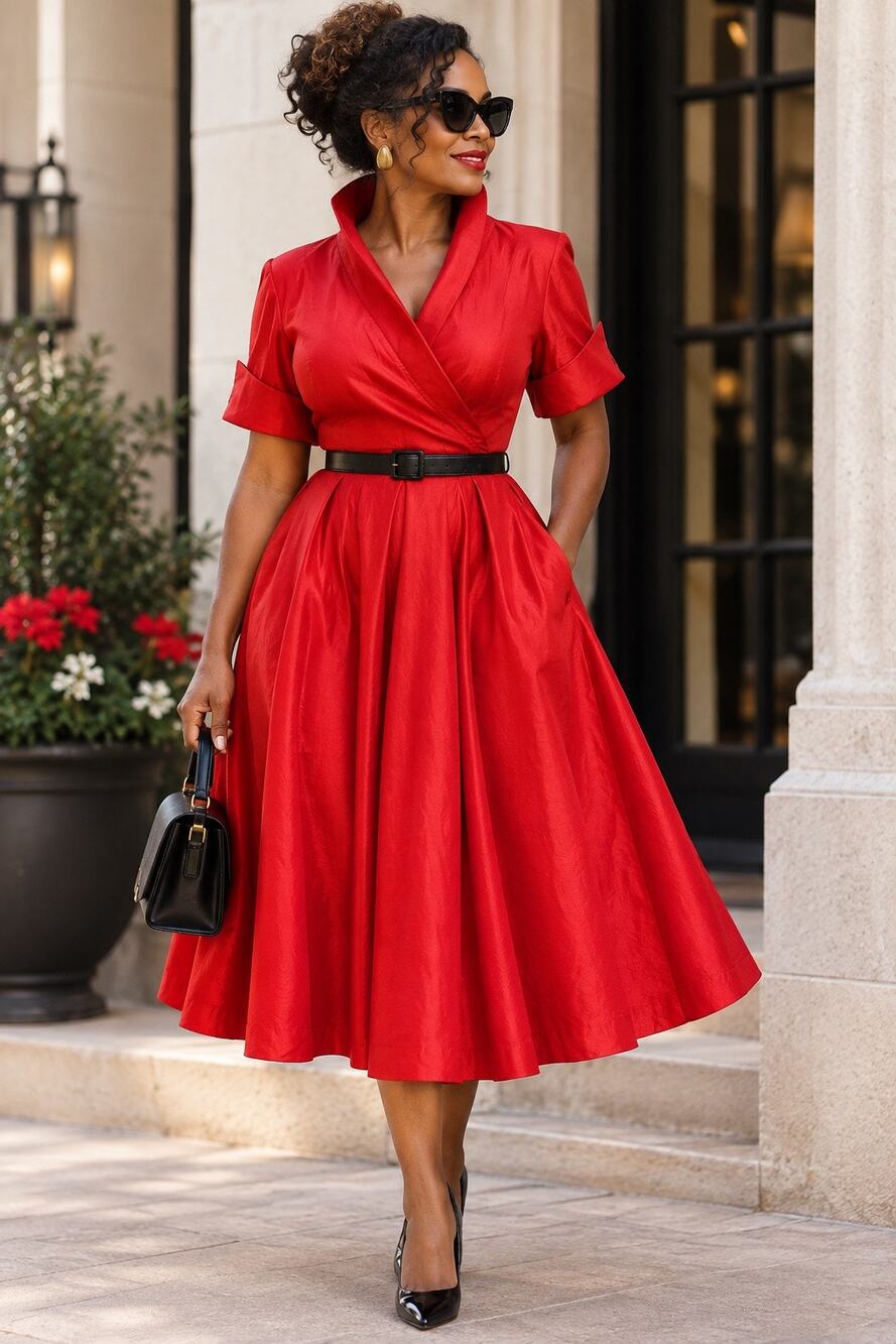 Lindy Bop Red 100% Silk 50s Vintage Style Midi Dress Pockets Size 14